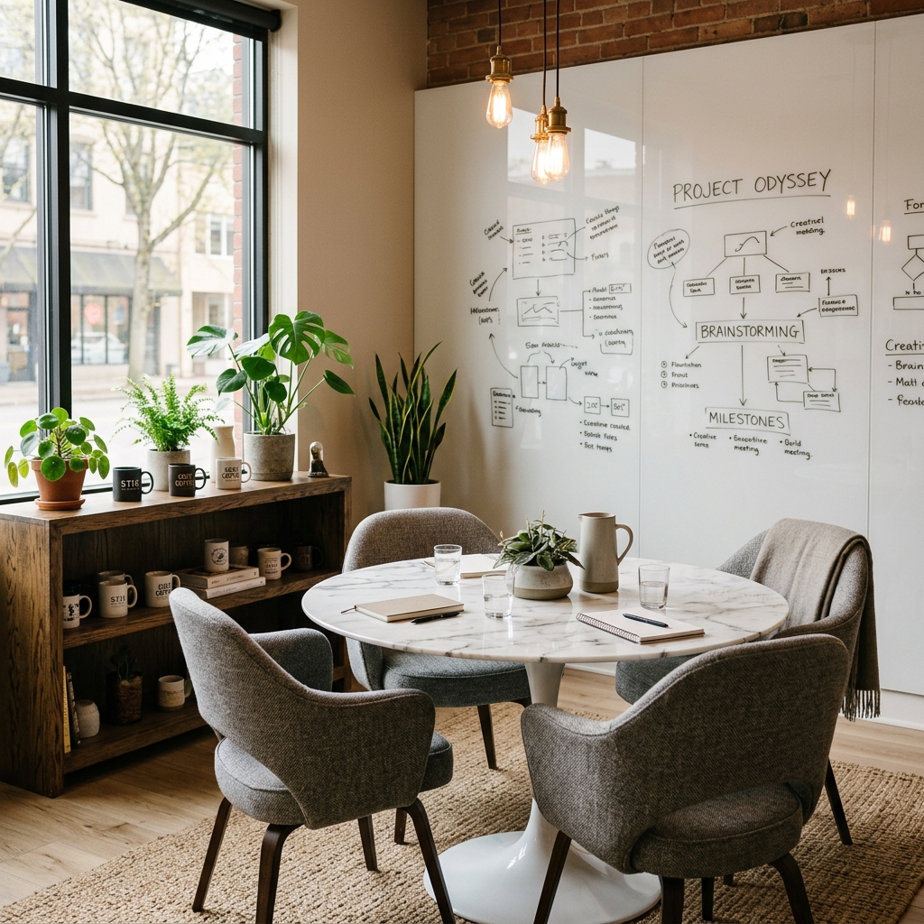 Collaborative workspace and meeting setup at The Guild